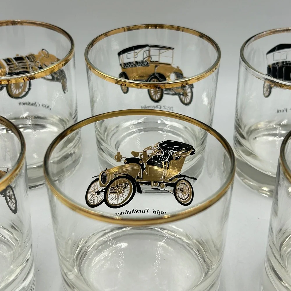 Whiskey Glasses Gold Clear Vintage Classic Cars Set 6 Good